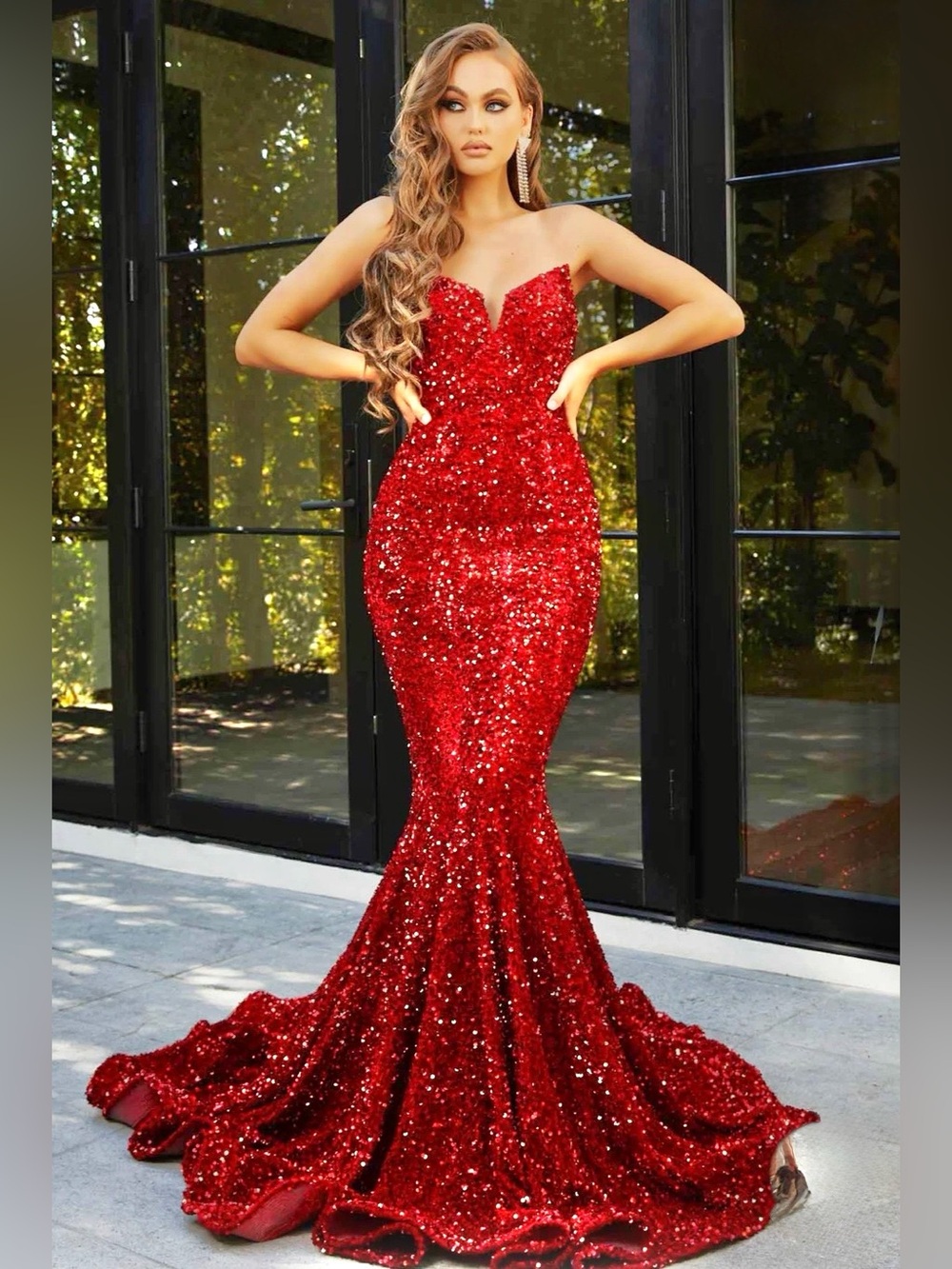 Red Sequined Strapless Mermaid Gown - Worn Once for 15 Minutes